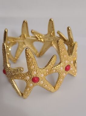 Lilly Pulitzer Starfish Bracelet Gold Tone Pearls Faux Coral Stretch Euc Sea